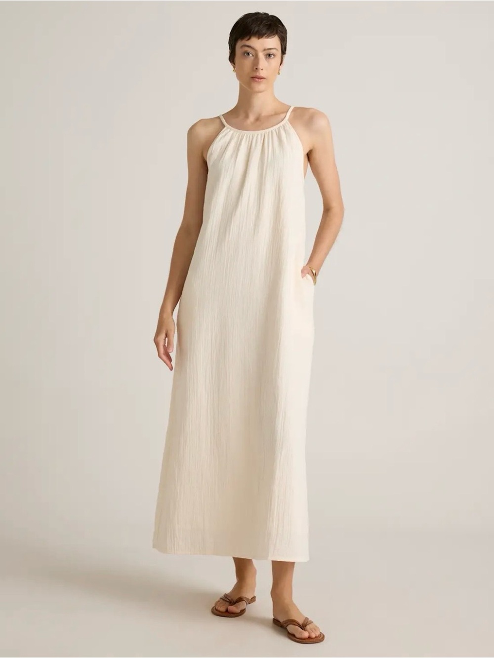 Quince 100% Organic Cotton Gauze Sleeveless Maxi Dress Cream/Ivory Size Large L